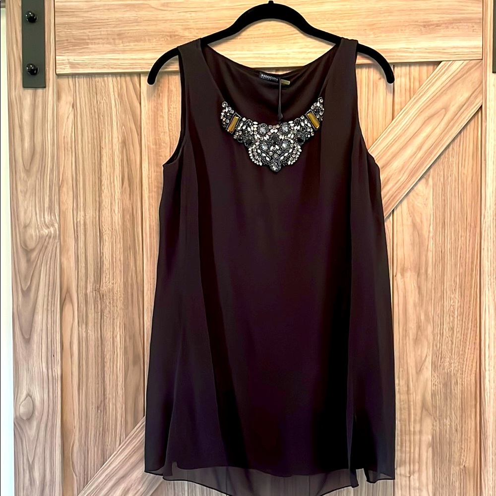 Magaschoni Black Sleeveless Blouse with Ornate Jeweled Neckline